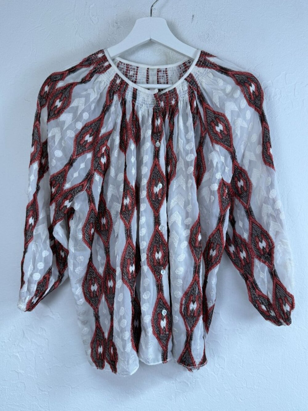 Line & Dot Womens White Ikat Embroidered Sheer Boho Peasant Blouse Top Small